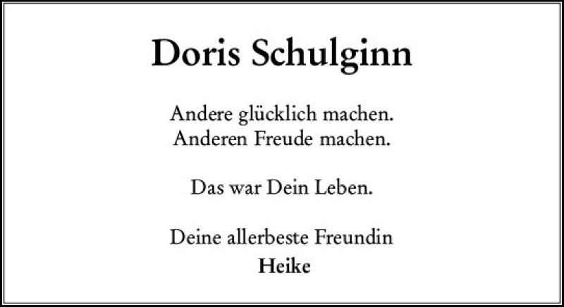  Traueranzeige für Doris Schulginn vom 14.08.2019 aus vrm-trauer
