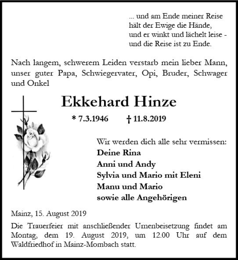 Traueranzeige für Ekkehard Hinze vom 15.08.2019 aus vrm-trauer
