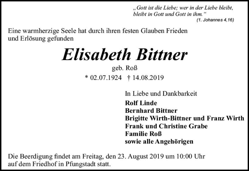  Traueranzeige für Elisabeth Bittner vom 17.08.2019 aus vrm-trauer