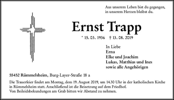 Traueranzeige von Ernst Trapp von vrm-trauer