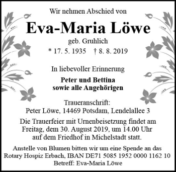 Traueranzeige von Eva-Maria Löwe von vrm-trauer