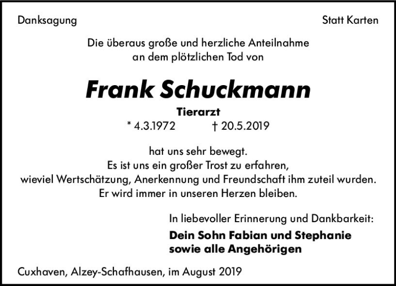  Traueranzeige für Frank Schuckmann vom 17.08.2019 aus vrm-trauer