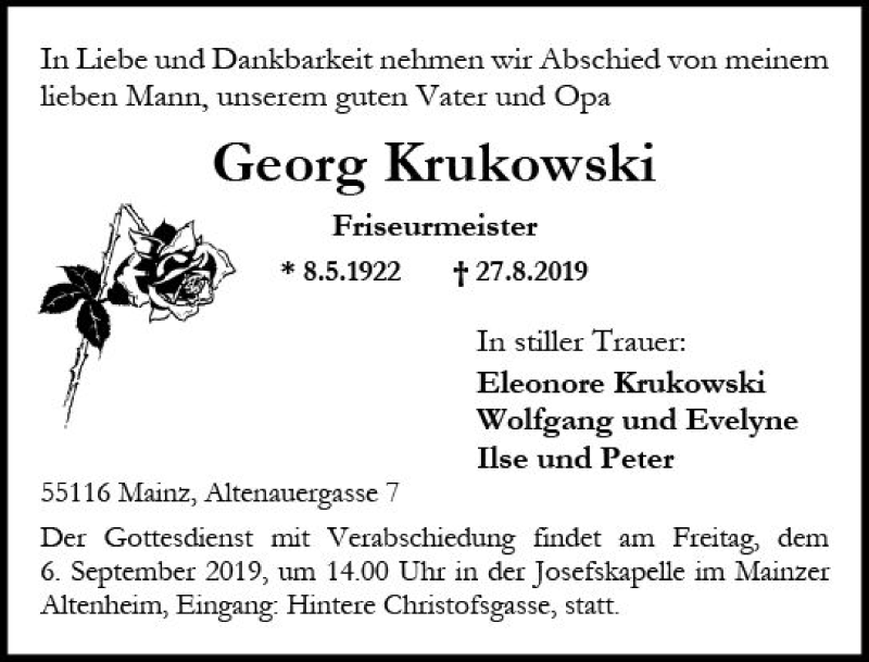  Traueranzeige für Georg Krukowski vom 31.08.2019 aus vrm-trauer