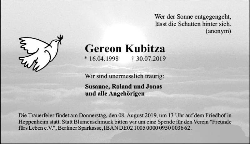  Traueranzeige für Gereon Kubitza vom 03.08.2019 aus vrm-trauer