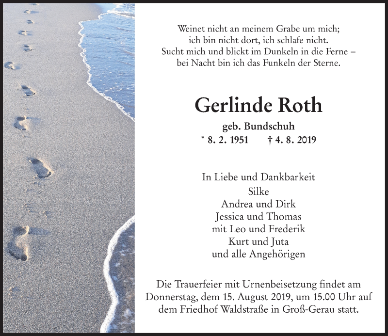  Traueranzeige für Gerlinde Roth vom 10.08.2019 aus vrm-trauer