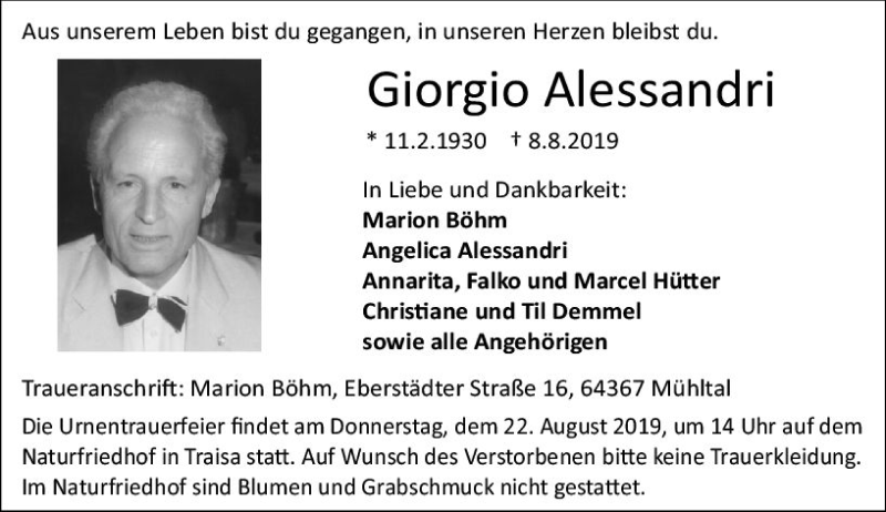  Traueranzeige für Giorgio Alessandri vom 17.08.2019 aus vrm-trauer
