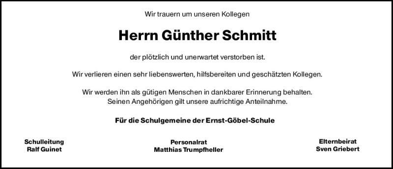  Traueranzeige für Günther Schmitt vom 31.08.2019 aus vrm-trauer