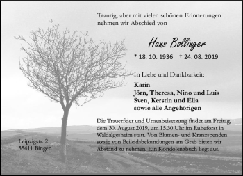Traueranzeige von Hans Bollinger von vrm-trauer
