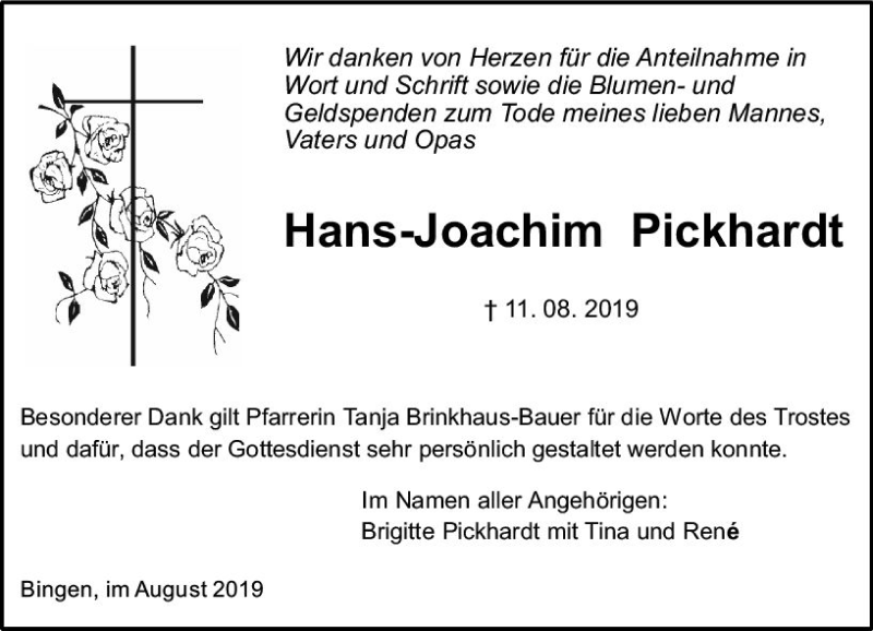  Traueranzeige für Hans-Joachim Pickhardt vom 31.08.2019 aus vrm-trauer