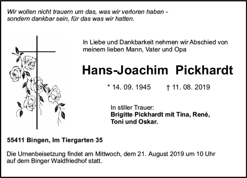  Traueranzeige für Hans-Joachim Pickhardt vom 14.08.2019 aus vrm-trauer