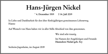 Traueranzeige von Hans-Jürgen Nickel von vrm-trauer