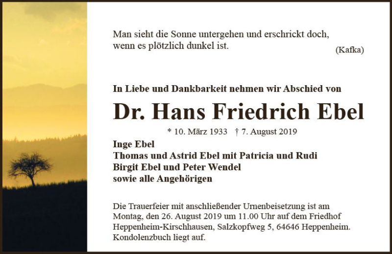  Traueranzeige für Hans Friedrich Ebel vom 24.08.2019 aus vrm-trauer
