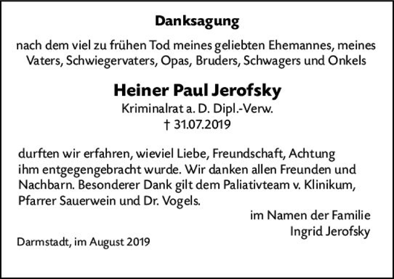  Traueranzeige für Heiner Paul Jerofsky vom 17.08.2019 aus vrm-trauer