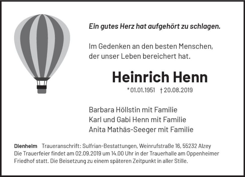  Traueranzeige für Heinrich Henn vom 24.08.2019 aus vrm-trauer