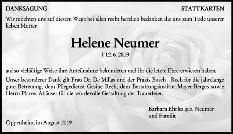  Traueranzeige für Helene Neumer vom 05.08.2019 aus vrm-trauer
