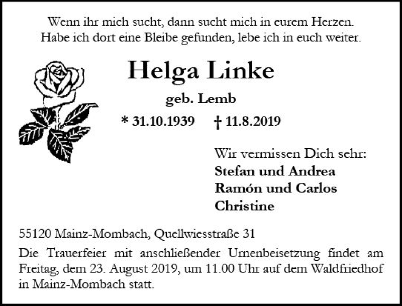  Traueranzeige für Helga Linke vom 17.08.2019 aus vrm-trauer