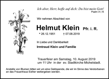 Traueranzeige von Helmut Klein von vrm-trauer