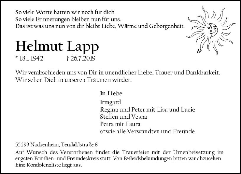  Traueranzeige für Helmut Lapp vom 03.08.2019 aus vrm-trauer