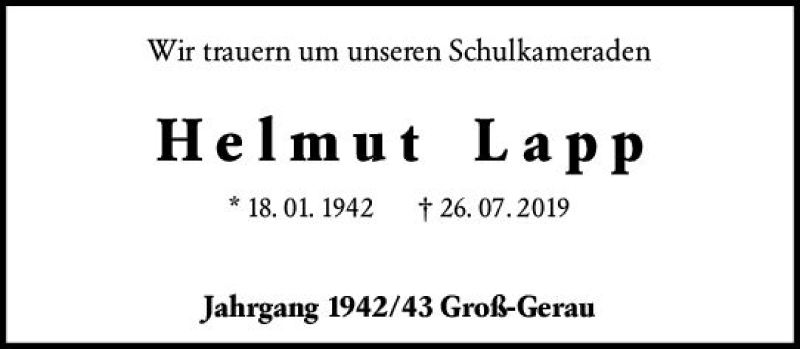  Traueranzeige für Helmut Lapp vom 07.08.2019 aus vrm-trauer