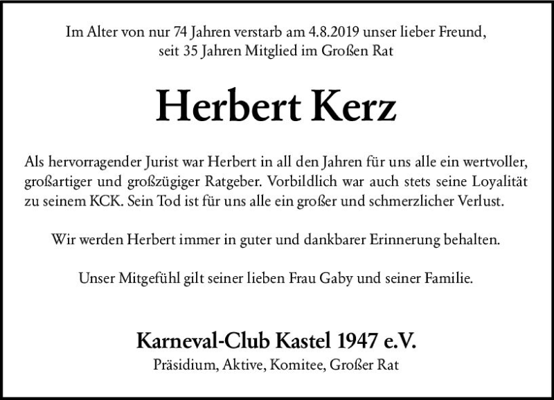  Traueranzeige für Herbert Kerz vom 13.08.2019 aus vrm-trauer