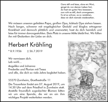 Traueranzeige von Herbert Krähling von vrm-trauer
