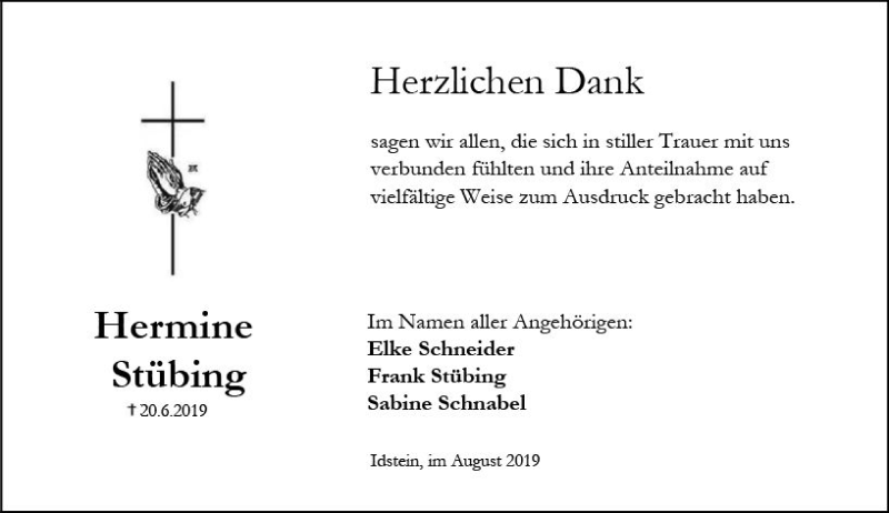  Traueranzeige für Hermine Stübing vom 03.08.2019 aus vrm-trauer
