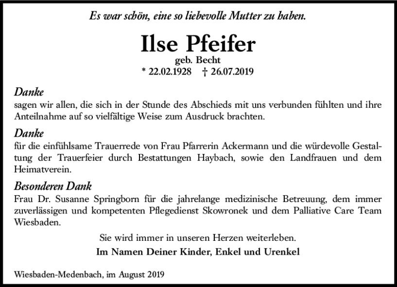  Traueranzeige für Ilse Pfeifer vom 17.08.2019 aus vrm-trauer
