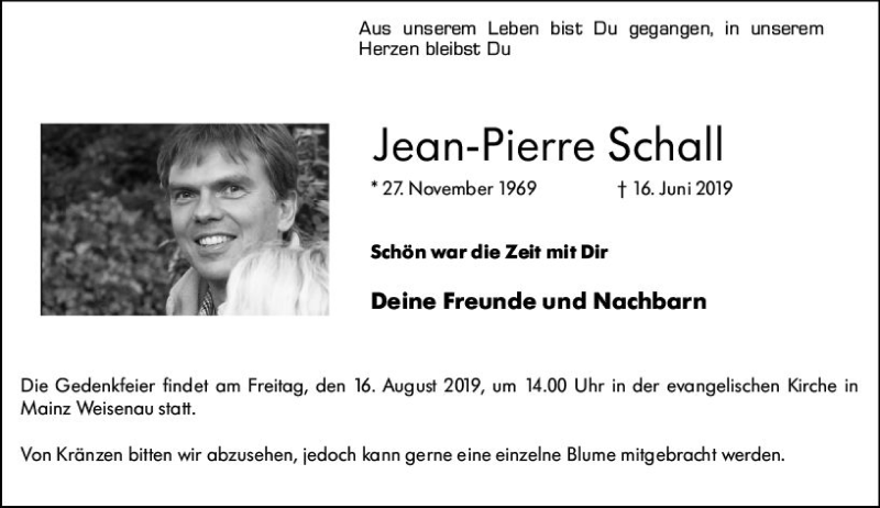  Traueranzeige für Jean-Pierre Schall vom 02.08.2019 aus vrm-trauer