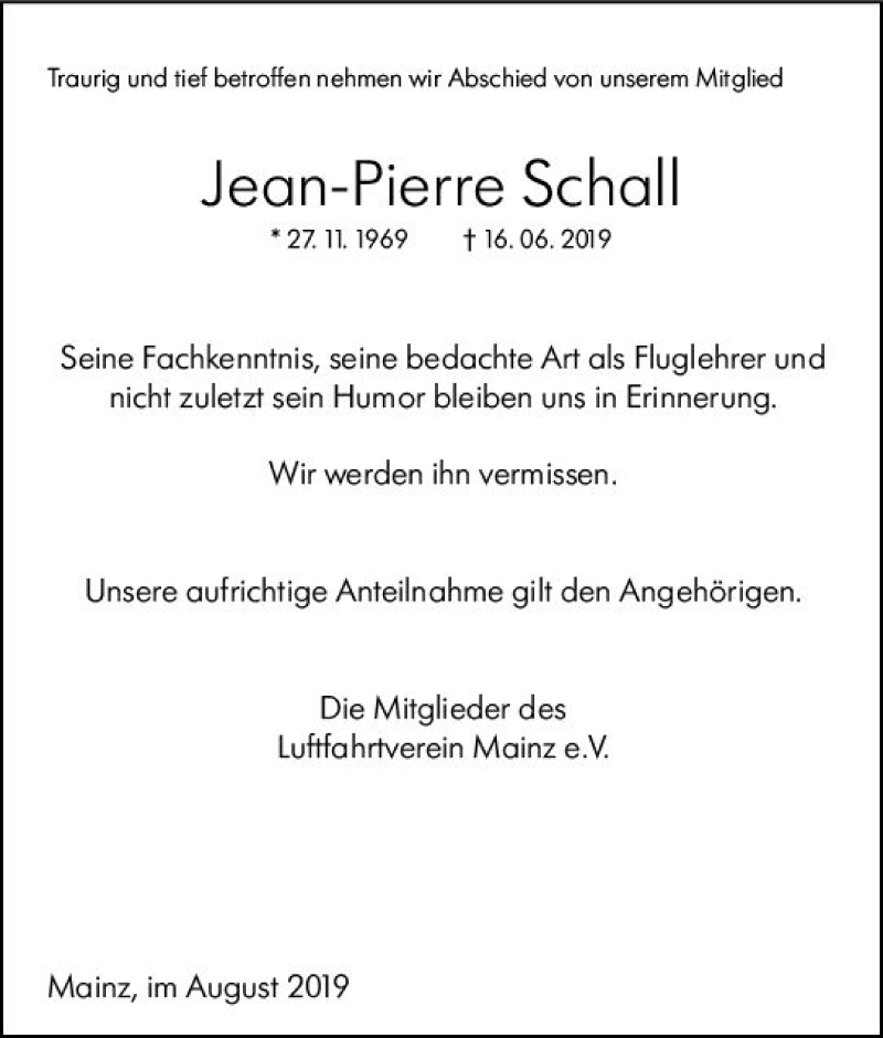 Traueranzeige für Jean-Pierre Schall vom 15.08.2019 aus vrm-trauer