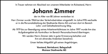 Traueranzeige von Johann Zimmer von vrm-trauer