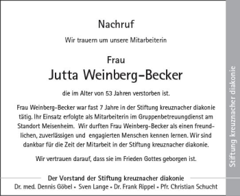 Traueranzeige von Jutta Weinberg-Becker von vrm-trauer