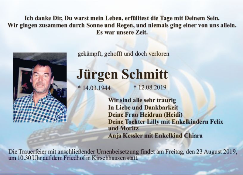  Traueranzeige für Jürgen Schmitt vom 17.08.2019 aus vrm-trauer