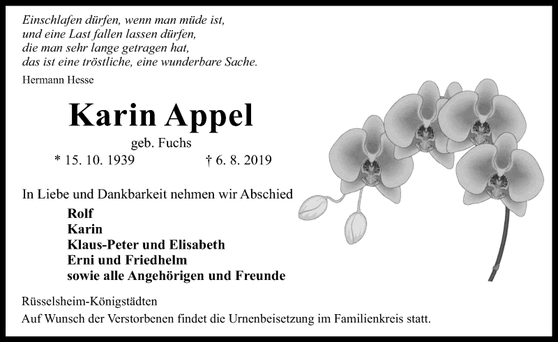  Traueranzeige für Karin Appel vom 10.08.2019 aus vrm-trauer