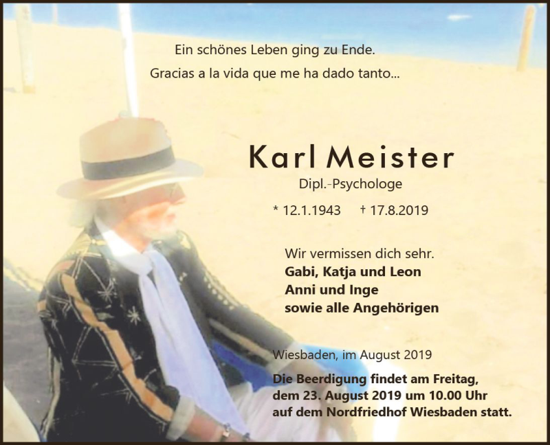  Traueranzeige für Karl Meister vom 21.08.2019 aus vrm-trauer