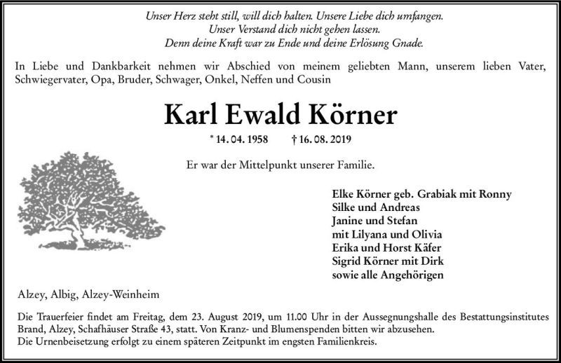  Traueranzeige für Karl Ewald Körner vom 17.08.2019 aus vrm-trauer