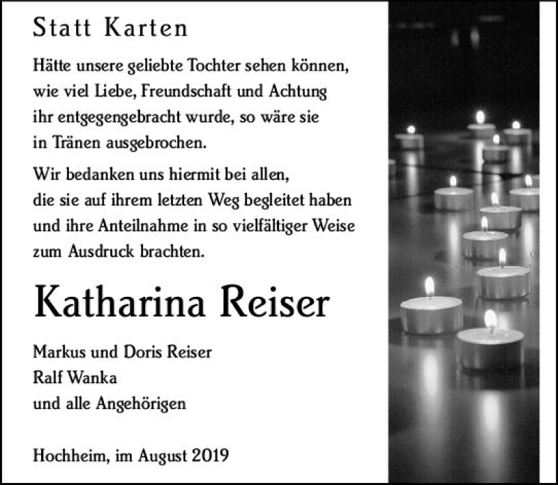  Traueranzeige für Katharina Reiser vom 09.08.2019 aus vrm-trauer