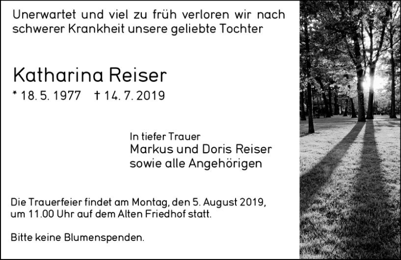  Traueranzeige für Katharina Reiser vom 02.08.2019 aus vrm-trauer