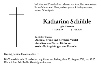 Traueranzeige von Katharina Schühle von vrm-trauer
