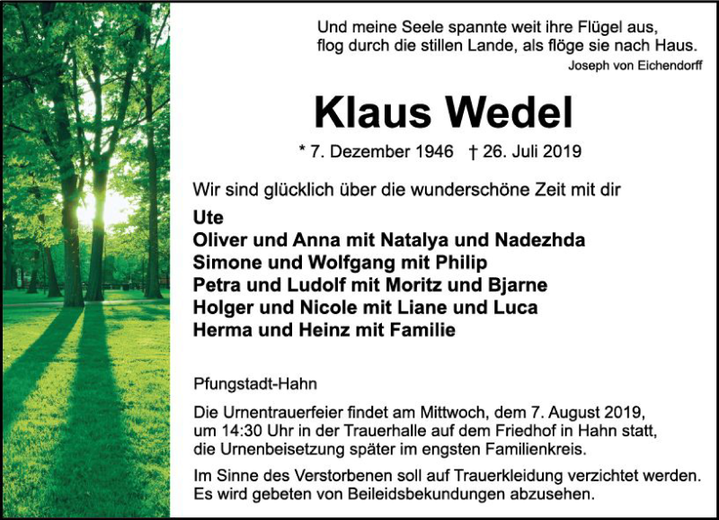  Traueranzeige für Klaus Wedel vom 03.08.2019 aus vrm-trauer