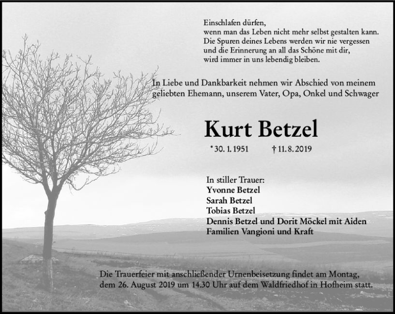  Traueranzeige für Kurt Betzel vom 16.08.2019 aus vrm-trauer