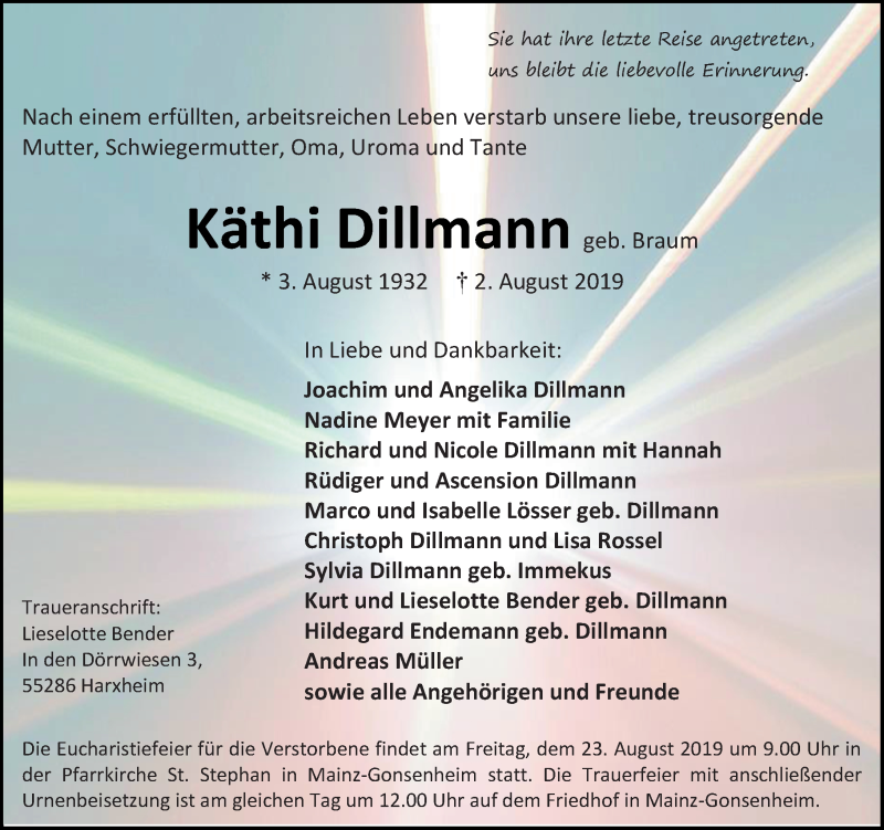  Traueranzeige für Käthi Dillmann vom 10.08.2019 aus vrm-trauer