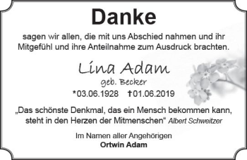 Traueranzeige von Lina Adam von vrm-trauer