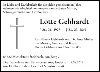 Traueranzeige von Lotte Gebhardt von vrm-trauer