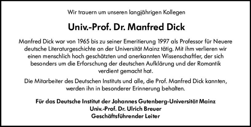 Traueranzeige für Manfred Dick vom 17.08.2019 aus vrm-trauer