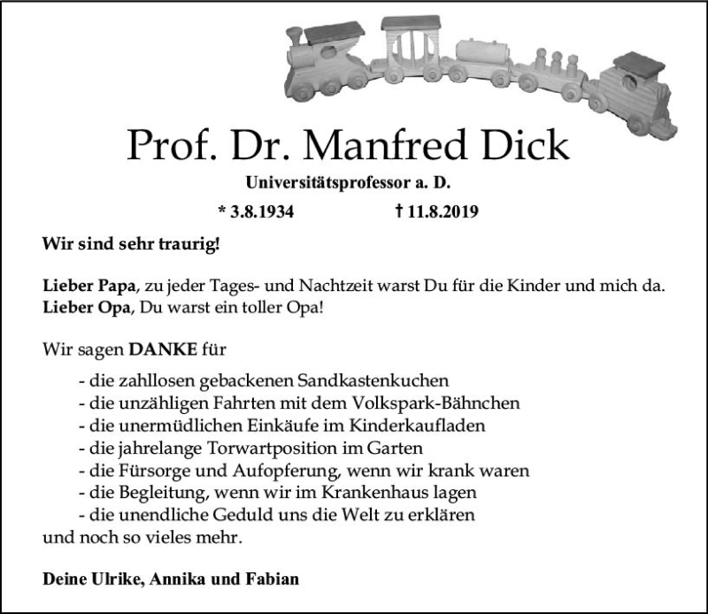  Traueranzeige für Manfred Dick vom 17.08.2019 aus vrm-trauer