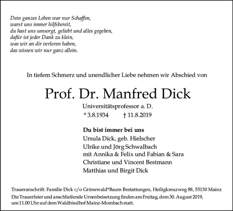 Traueranzeige für Manfred Dick vom 17.08.2019 aus vrm-trauer