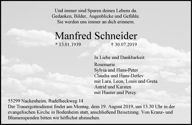  Traueranzeige für Manfred Schneider vom 10.08.2019 aus vrm-trauer