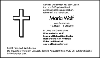 Traueranzeige von Maria Wolf von vrm-trauer