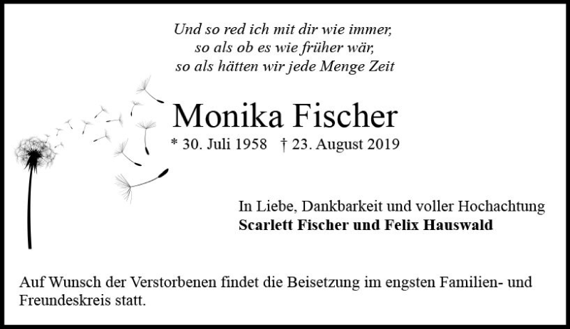  Traueranzeige für Monika Fischer vom 31.08.2019 aus vrm-trauer