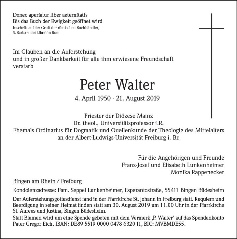  Traueranzeige für Peter Walter vom 27.08.2019 aus vrm-trauer